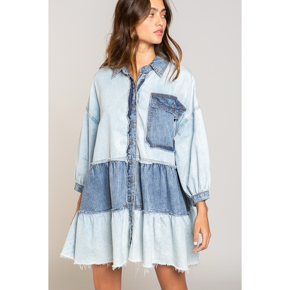 POL Denim Button Front Collared Dress | Tiered Ruffle Long Sleeve - Picture 8 of 10
